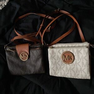 2 Like New Michael Kors coated canvas crossbody bags, vanilla and brown.